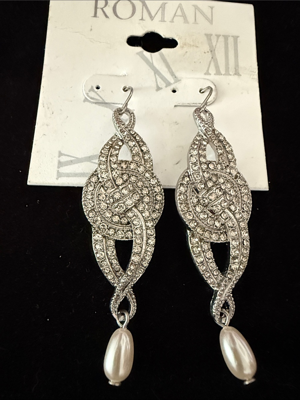 NWT Roman Women’s elegan Crystal Knot Drop Earrings with Pearl Teardrops 2.5”
